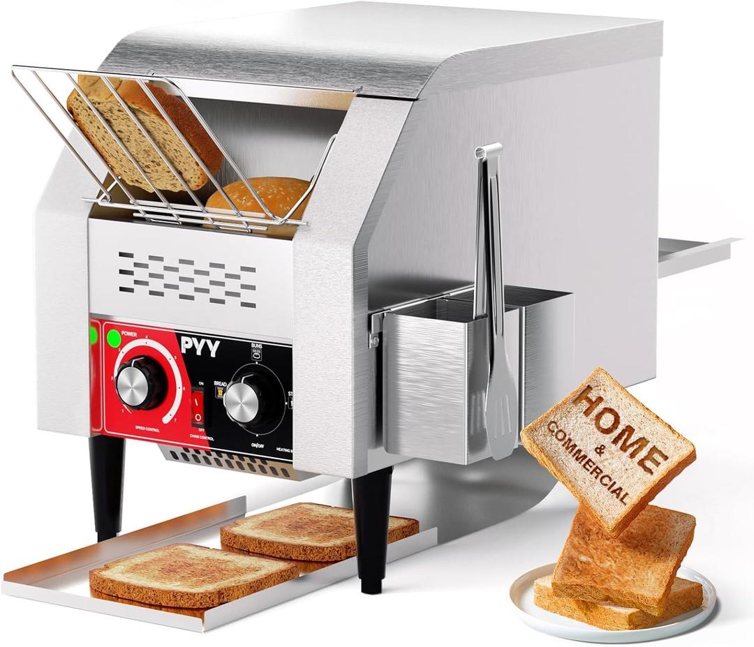 PYY Commercial Conveyor Toaster - 150 Slices/Hour Conveyor Belt Toaster, Heavy Duty Stainless Steel Commercial Toaster Oven, Electric Restaurant Commercial Toaster for Bagel, Bread, Silver, 1500W