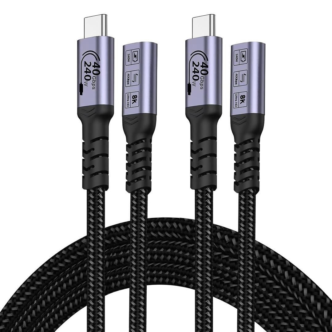USB C Extension Cable 6.6FT (2 packs/240W/40Gbps/8K), Type C Extender Cables Fast Charging Male to Female Braided Data Cord, 60Hz Video Display Compatible with iPhone 16/PSVR2/MacBook/iPad/Magsafe