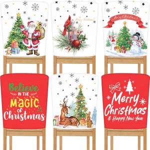 6 Pcs Christmas Chair Back Covers Merry Christmas Dining Room Slipcover Xmas Tree Santa Snowman Snowflake Red White Removable Washable Stretch Chair Protector for Decor Home Party, 23'' x 19''