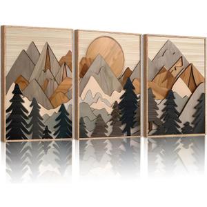 Set of 3 Mountain Wall Art Large Forest Wall Decor Woodcut Wooden Landscape canvas posters Nature Wilderness Art Prints Abstract Landscape Painting for Living Room Bedroom Office Unframed 12x16in
