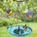 DazSpirit Hanging Bird Bath with Solar Fountain, 14.9" Metal Bird Bath for Outdoors, Fixed Solar Panel with 4 Nozzles, 3 Removable Decorative Birds, Hanging Birdbath for Garden Patio Porch Yard Gift
