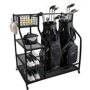 hanmir Sports Equipment Organizer, Golf Ball Storage Rack & Golf Bag Holder for Garage, with Storage Basket and Hooks, Indoor Outdoor Toy Ball Organizer for Golf Clubs, Basketball, Toys