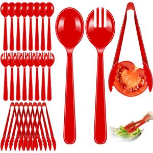 24 Pcs Serving Utensils Set - 8 Tongs, 8 Spoons, 8 Forks | Heavy Duty Plastic Disposable Red Party Supplies for Buffet, Holiday Events Catering Restaurant Dinner Salad Noodles Soup and Daily Use