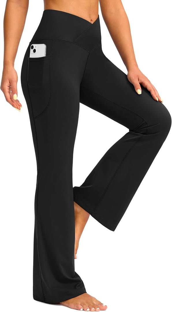 G Gradual Women's Flare Leggings Crossover Yoga Pants 29"/30.5"/32" High Waist Bell Bottom Pants for Women with Pockets (Black, XXL)