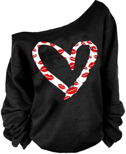 MAGICMK Woman’s Sweatershirt Lips Print Causal Blouse Off The Shoulder Long Sleeve Loose Slouchy Pullover Plus Size Tops, Black, XL