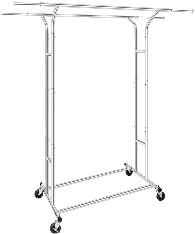 Silver Heavy Duty Double Rod Garment Rack for Hanging Clothes Chrome, Commercial Rolling Clothes Organizer Commercial Metal with Lockable Wheels Mobile for Coats Dresses