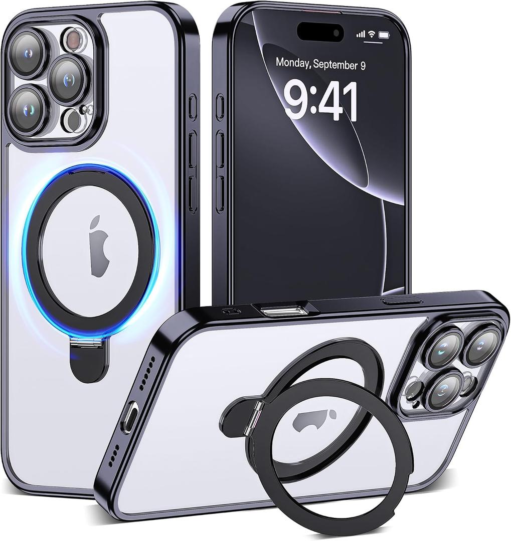 for Plating iPhone 16 Pro Case with Magnetic Stand,Black