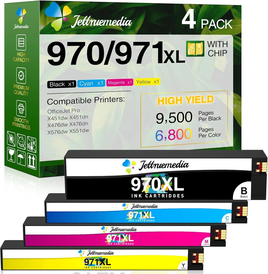 4-Pack 971XL 970XL PageWide Cartridge High Yield Compatible with HP 970XL Ink Cartridg for HP Printer OfficeJet Pro X451dw X451dn X476dw X476dn X576dw X551dw (970XL-Black, 971XL-Cyan/Magenta/Yellow)