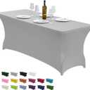 CWK 4FT Waterproof Stretch Spandex Table Cover for Rectangular Tables - Elastic Fitted Tablecloth for Folding Tables,Wrinkle Resistant Table Cloth for Parties, Weddings, Banquets & Events (Silver)