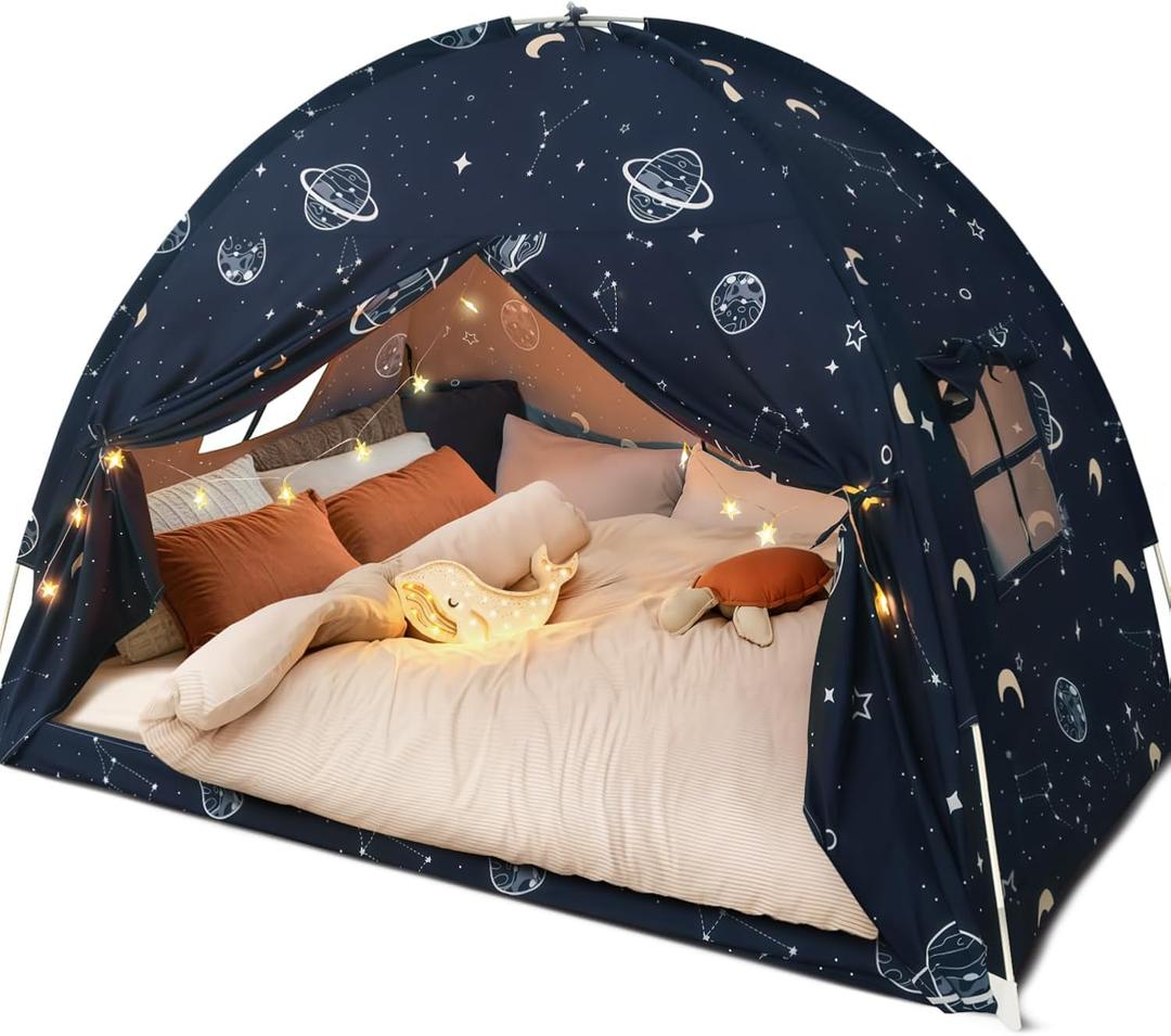 Toddler Bed Tent Full, Space Canopy Indoor for Kids Boys, Kids Bed Canopy Full Size, Galaxy Dome Playhouse Tents Floor Privacy Space on Bed Sleeping Tent for Girls Birthday Toy House Gift