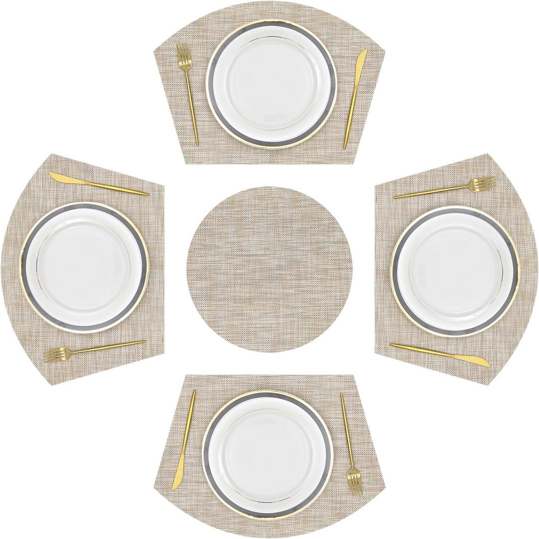 SHACOS Large Size Wedge Shape Placemats with Centerpiece Round Mat Set of 5 Round Table Place Mats Washable Dining Table Placemats Reversible, Beige (4 pcs 13.7"x19.6" Wedge+ 1 pc 14" Round)