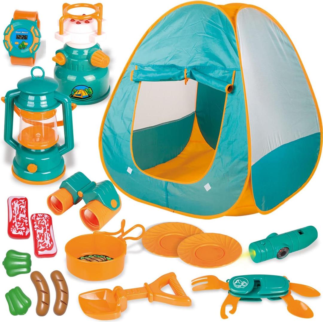 FUN LITTLE TOYS Pop Up Play Tent with Camping Gear and Tools Set, Outdoor Toys for Kids (Green)