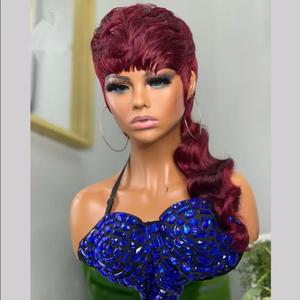 Burgundy Pixie Cut Mullet Wig with Short Wavy Style, Synthetic Hair Extension for Women, Side-Swept Bangs