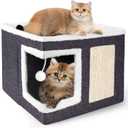 Cat Houses for Indoor Cats - Large Cat Bed Cave with Scratch Pad and Fluffy Ball, Foldable Cat Condo Hideaway with Reversible Cushion for Multi Small Pet, Dark Grey