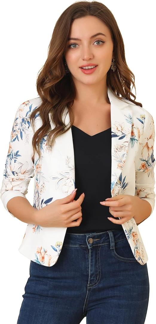 Allegra K Women's Open Front Office Work Business Casual Lightweight Summer Crop Suit Blazer (Medium, White-floral)
