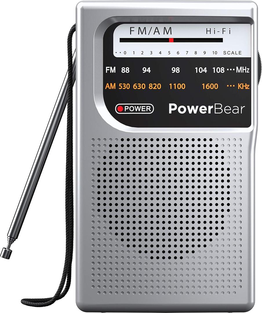 PowerBear Portable Radio | AM/FM, 2AA Battery Operated with Long Range Reception for Indoor, Outdoor & Emergency Use | Radio with Speaker & Headphone Jack (Silver)