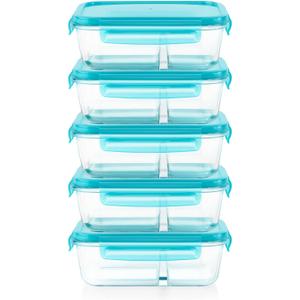 Pyrex Glass MealBox (5-Pack, 4 Cup) Divided Compartments with Locking Lids, For Meal Prepping and Portioning, BPA Free Microwave Dishwasher Safe
