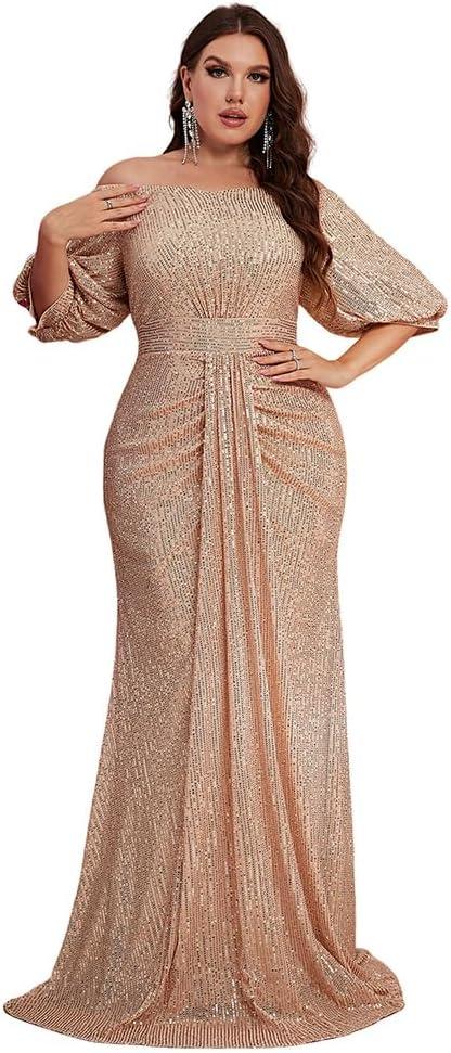 Women's Plus Size Off Shoulder Puff Sleeve Sequin Formal Maxi Dress Evening Party Gowns (3X-Large, Gold)