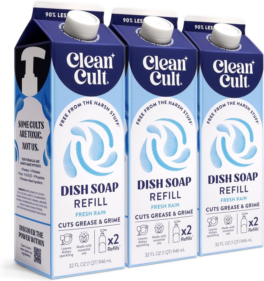 Cleancult Dish Soap Liquid Refill (32oz, 3 Pack) - Plant Based Cleaning Power - Dish Soap that Cuts Grease & Grime - Free of Harsh Chemicals - Uses 90% Less Plastic - Fresh Rain