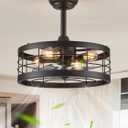LEDIARY 16.5 inch Black Caged Ceiling Fan with Light, Fandelier Industrial Ceiling Fan with Remote, Farmhouse Fan Lights Ceiling Fixtures for Kitchen, Bedroom, Outdoor6 Speed, Timing-Black
