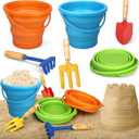 Dilabnba 3PCS Foldable Buckets with 3PCS Metal Shovels, Beach Toys Gardening Tool for Kids Adults, Collapsible Beach Bucket Sand Pail, Water Bucket for Beach Fun Summer Vacation, Easter Buckets
