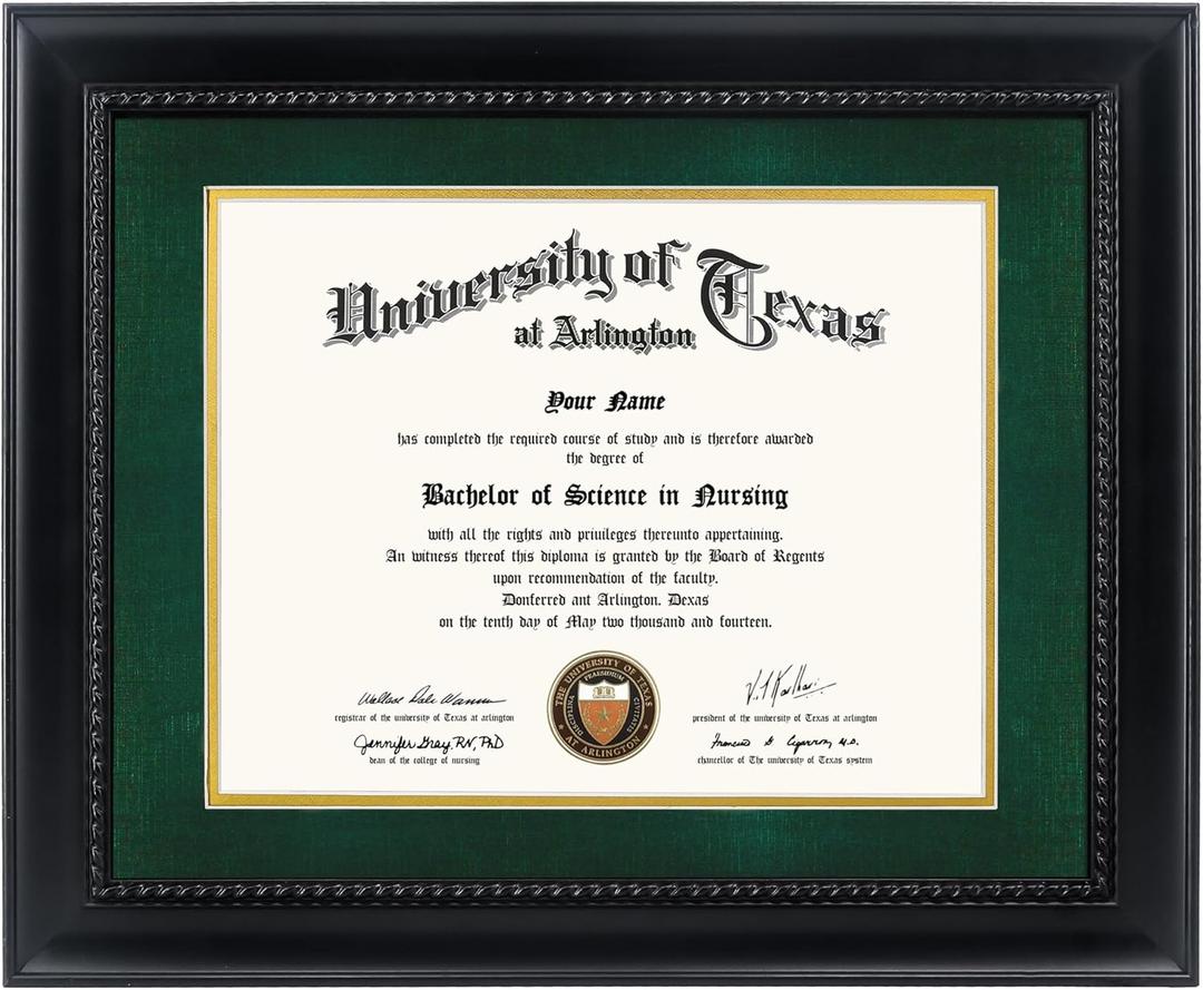 GMFrames 8.5x11 Diploma Degree Frame with Green Mat or Display 11x14 Certificates without Mat, Solid Wood, Black Finish with Intricate Black Rope Detail, UV Protection Acrylic