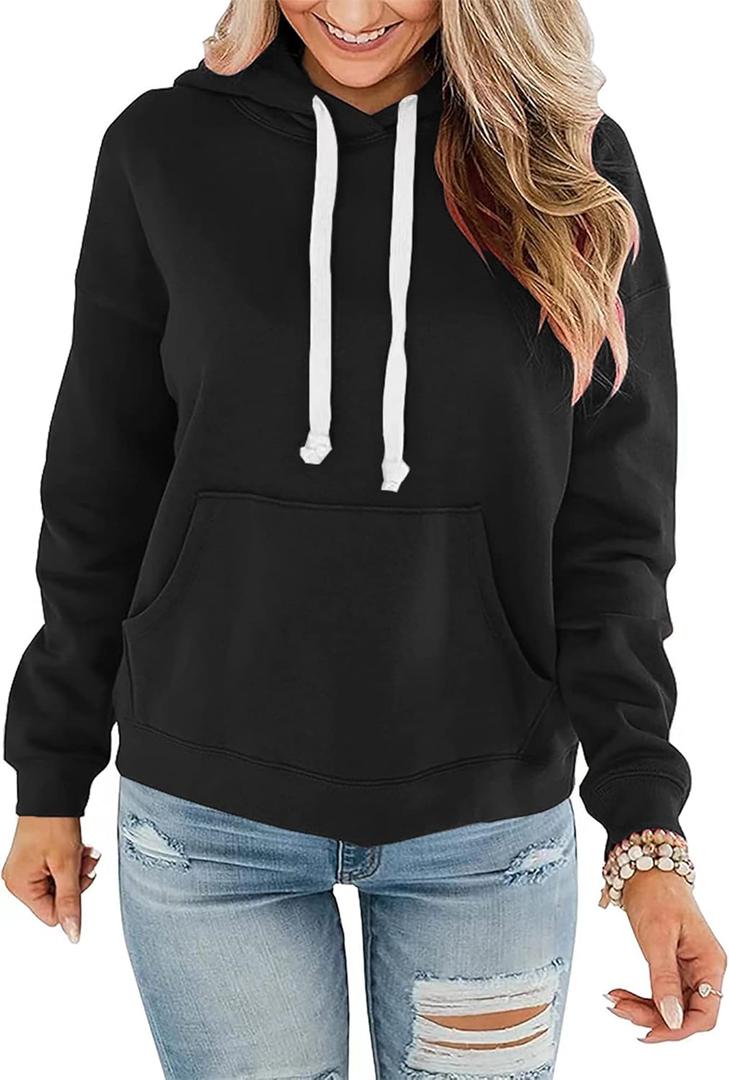 Women Hoodies Pullover Casual Thin Sweatshirts with Pockets Loose Fit Long Sleeve Drawstring Design Hoody Sweatshirt (Medium, S005 Black)