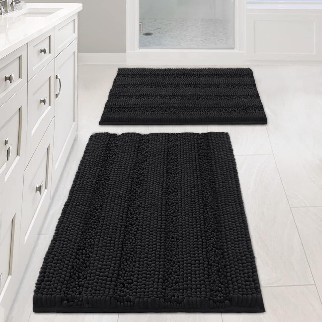 Non Slip Thick Shaggy Chenille Bathroom Rug Mat Set Extra Soft and Absorbent Striped Floor Rugs, 2 Piece, Machine-Washable 20" x 32" Plus 17" x 24"