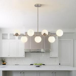 Brushed Nickel Linear Kitchen Island Pendant Light Mid Century Modern 7-Lights Globe Chandelier Pendant Light Milk Glass Chandelier Silver Dining Room Light Fixture (Silver)
