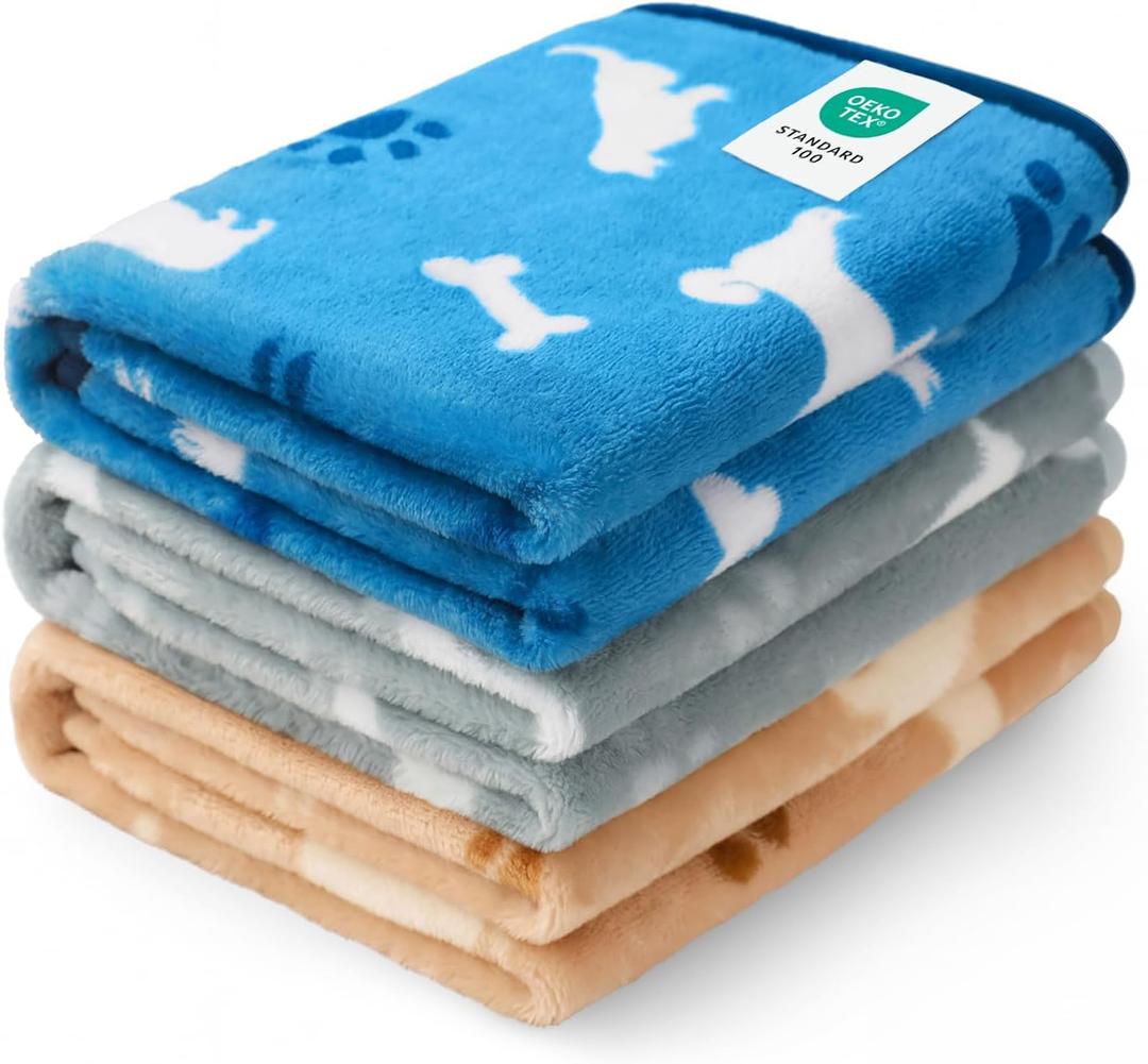 Luciphia 1 Pack 3 Dog Printed Fleece Pet Blankets WashableSoft Warm Throw Covers for Crate Couch BedCozy Puppy Essentials for Dogs and Cats Blue/Grey/Khaki, Small (23x16 inch)