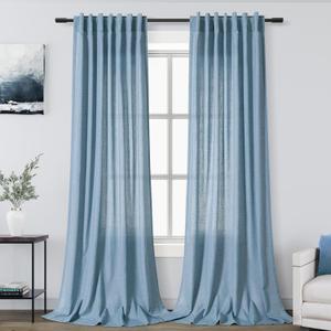 Linen Blue Curtains 108 inch Extra Long for Living Room Back Tab Light Filtering Semi Sheer Drapes Modern Farmhouse Coastal Decor Textured Curtain for Floor to Ceiling High Window 52x108
