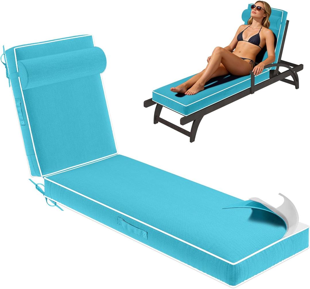 Chaise Lounge Cushions Outdoor 72x21x4 Inch, Patio Lounge Chair Cushions w/High Density Foam, 4 Inch Pool Lounger Cushion w/Removable Cover Handles, Fits Poolside Patio Outdoor Furniture, Lake Blue