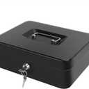 Cash Box with Money Tray - Large Money Box with Lock, Metal Safe Box for Money 9.84" x 7.87" x 3.54" Black