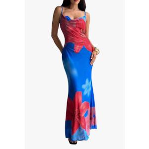Verdusa Women's Floral Drape Neck Maxi Bodycon Dresses Backless Spaghetti Strap Dress, L
