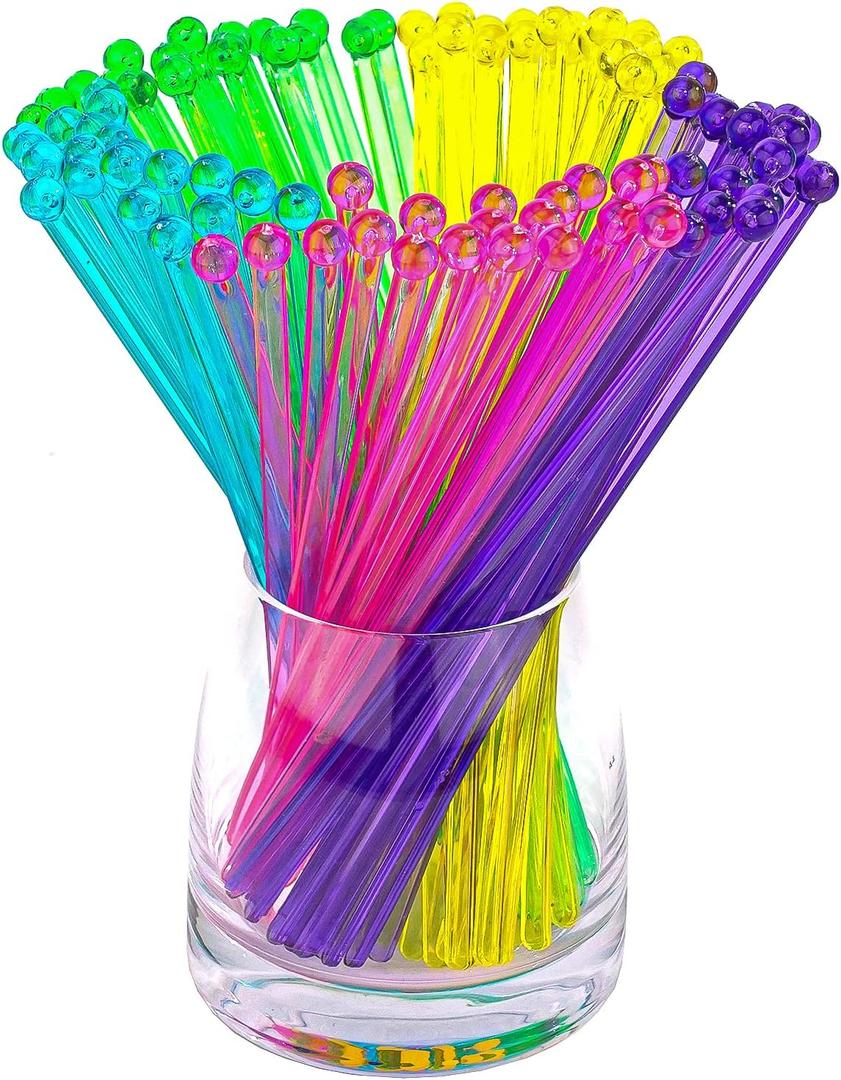 100-PCS 5 Colol Plastic Swizzle Sticks, Crystal Cake Pops, Cocktail Coffee Drink Stirrers, Lolipop Stick, 7.24 Inch (Pink, Yellow, Blue, Purple, Green) (Multicolor)