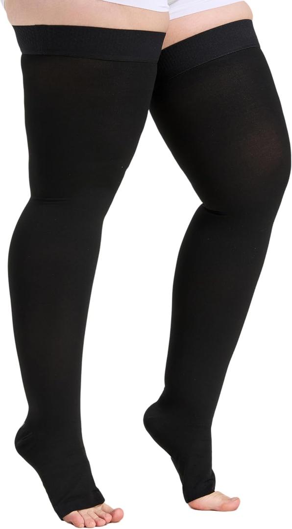 Extra Wide Thigh High Compression Socks 5XL for Women & Men, Open Toe, Opaque, Firm Support 30-40mmHg Graduated Compression Hose, Medical Compression Stockings for Varicose Veins, Edema, DVT, Black 5XL
