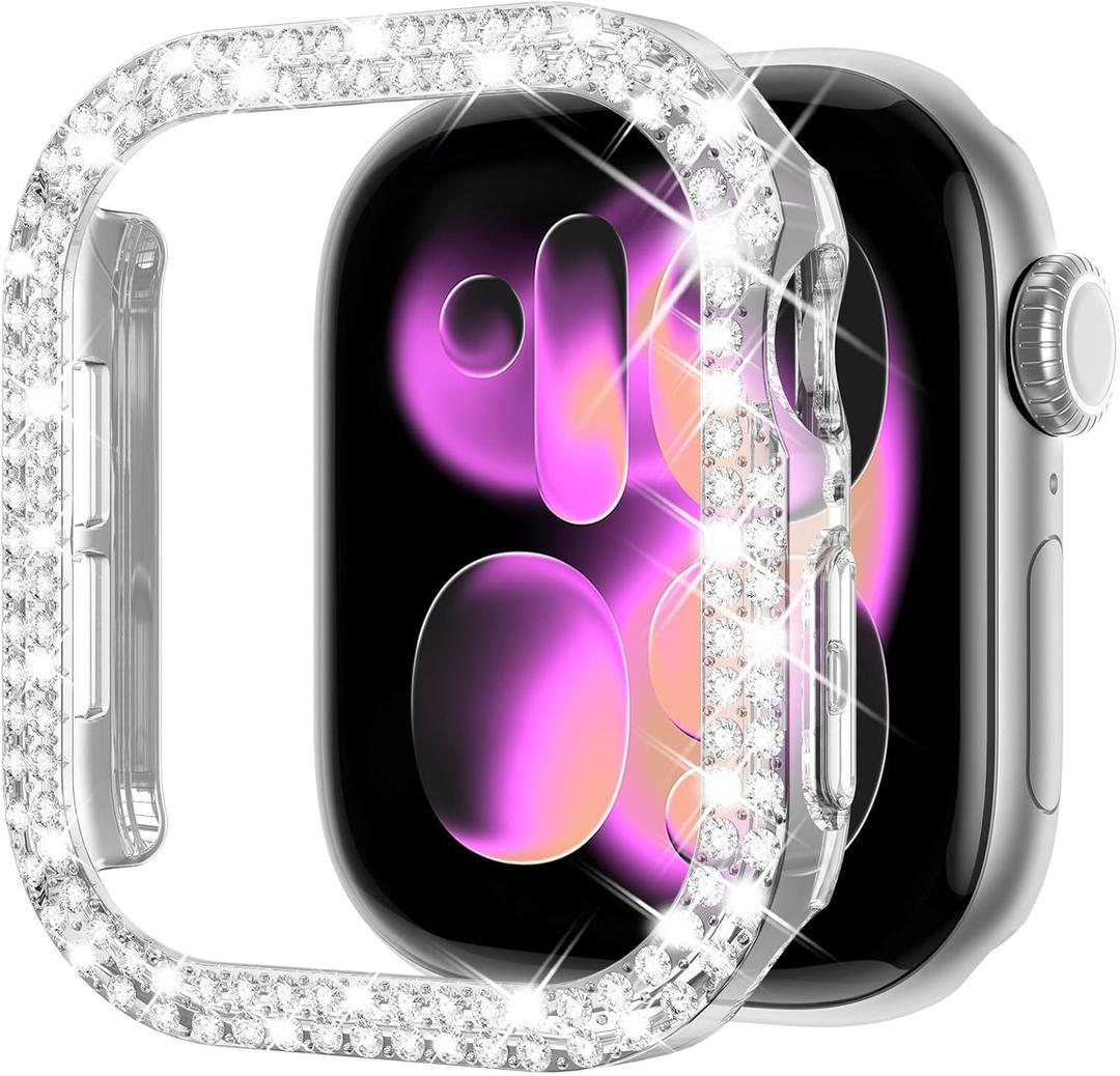 KADES Bling Case Compatible with Apple Watch Series 3 2 1 42mm, Double Diamond PC Bumper Full Protective Face Cover for Women, Sparkling Rhinestone 42mm, Clear