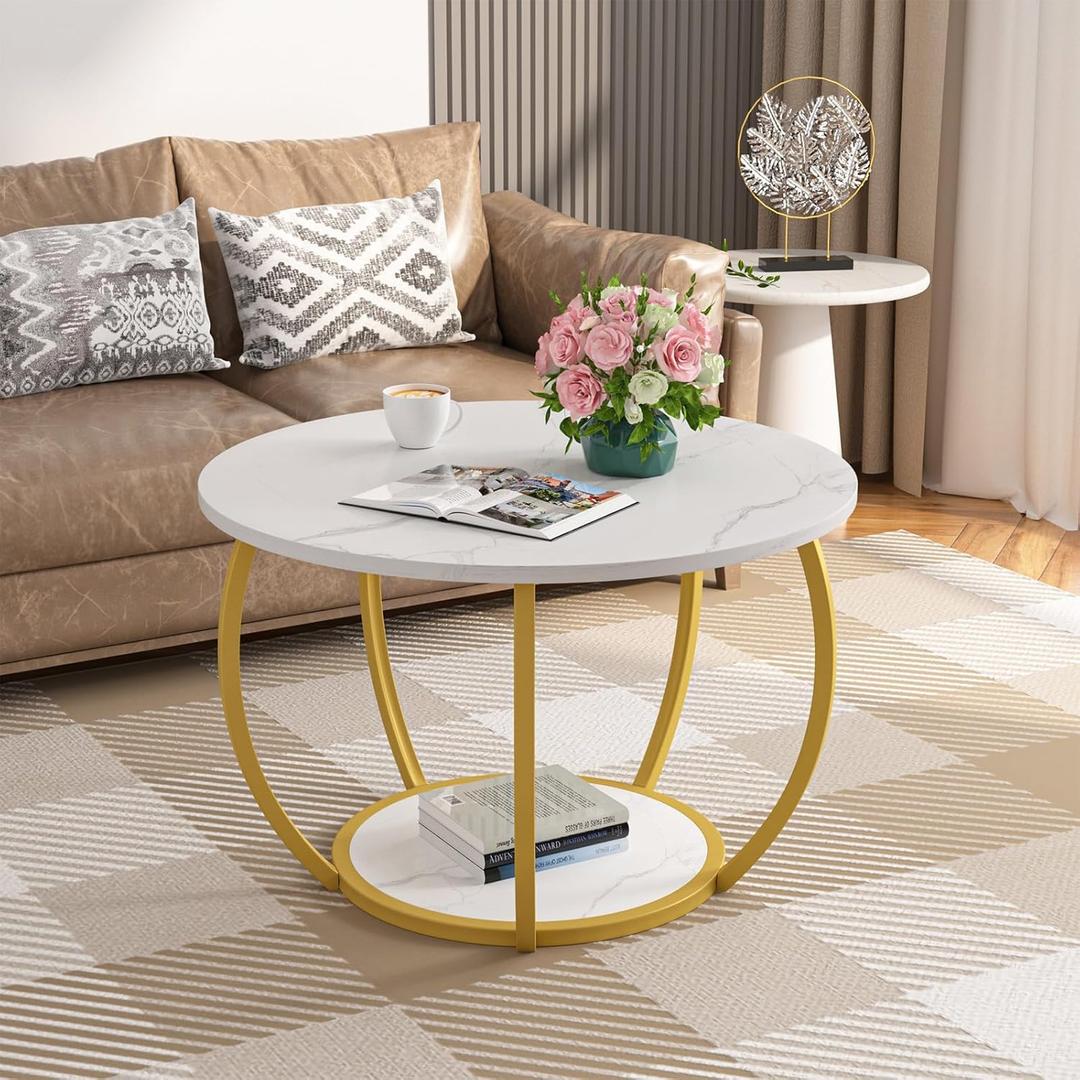 GreenForest Round Coffee Table with 2-Tier Open Storage, 27.6 inch Small Circle Coffee Tables with Adjustable Feet, Modern Mini Center Table for Small Living Room, White and Gold (Marble)