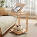 C Shaped Table for Couch, C Table with Wheels,Wooden Couch Table Adjustable Desktop for Living Room,Bedroom - Natural Color