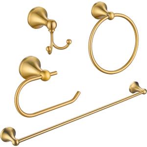 4 Pcs Gold Bathroom Hardware Set - Brushed Brass Gold Bathroom Accessories Kit, Stainless Steel Wall Mounted 23.6 Inch Towel Bar | Towel Hook | Toilet Paper Holder | Hand Towel Holder