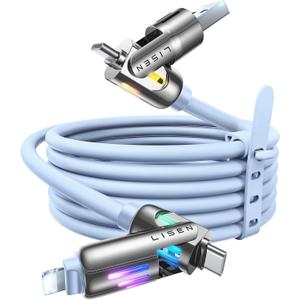 LISEN iPhone Cords Fast Charging 6 FT, 4 in 1 Charging Cable with Light, Chubby USB A/C to C/L Multi Charging Cable for iPhone 16 15 14 Pro Max/MacBook/iPad Pro/SamSungS25, Sky Blue iPhone Cord