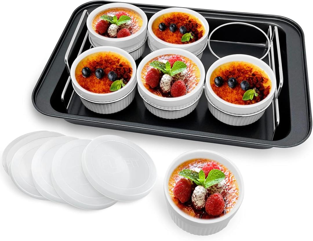 Ramekins Set with 6 Silicone Lids, Mothers Day Gifts Creme Brulee Making Set, Set of 6 Porcelain Ramekins, Oven Safe Covered Bowls & Souffl Ramiken
