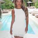 HOCILLE Women's Sexy Bodycon Boat Neck Mini Dresses Sleeveless Ruched Ruffle Hem Club Party Short Dress (White)