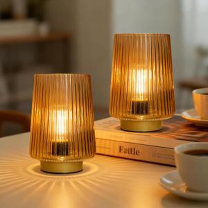 Battery Operated Lamp with Timer, Set of 2 Small Cozy Table Lamp Decorative Ambient Glass Lamp for Bedside & Home Decor, Aesthetic Cordless Battery Powered Accent Lamp for Living Room Shelf, Amber