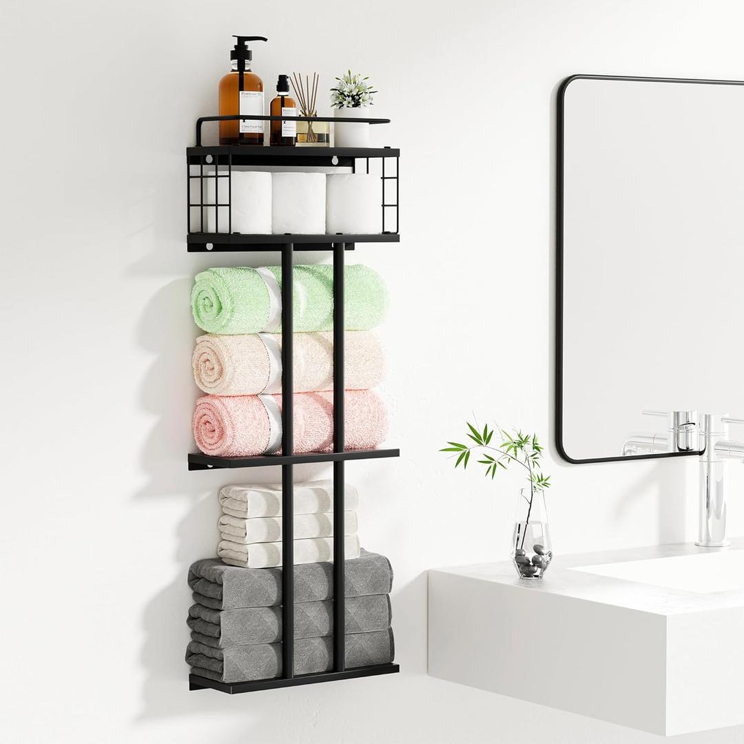 BUTUNITA Black Towel Rack for Bathroom, Metal Towel Holder for Bathroom Wall, Bathroom Towel Storage Rack with Shelf, Rolled Towel Racks for Bathroom Wall Mounted, 3Tier Small Towel Organizer