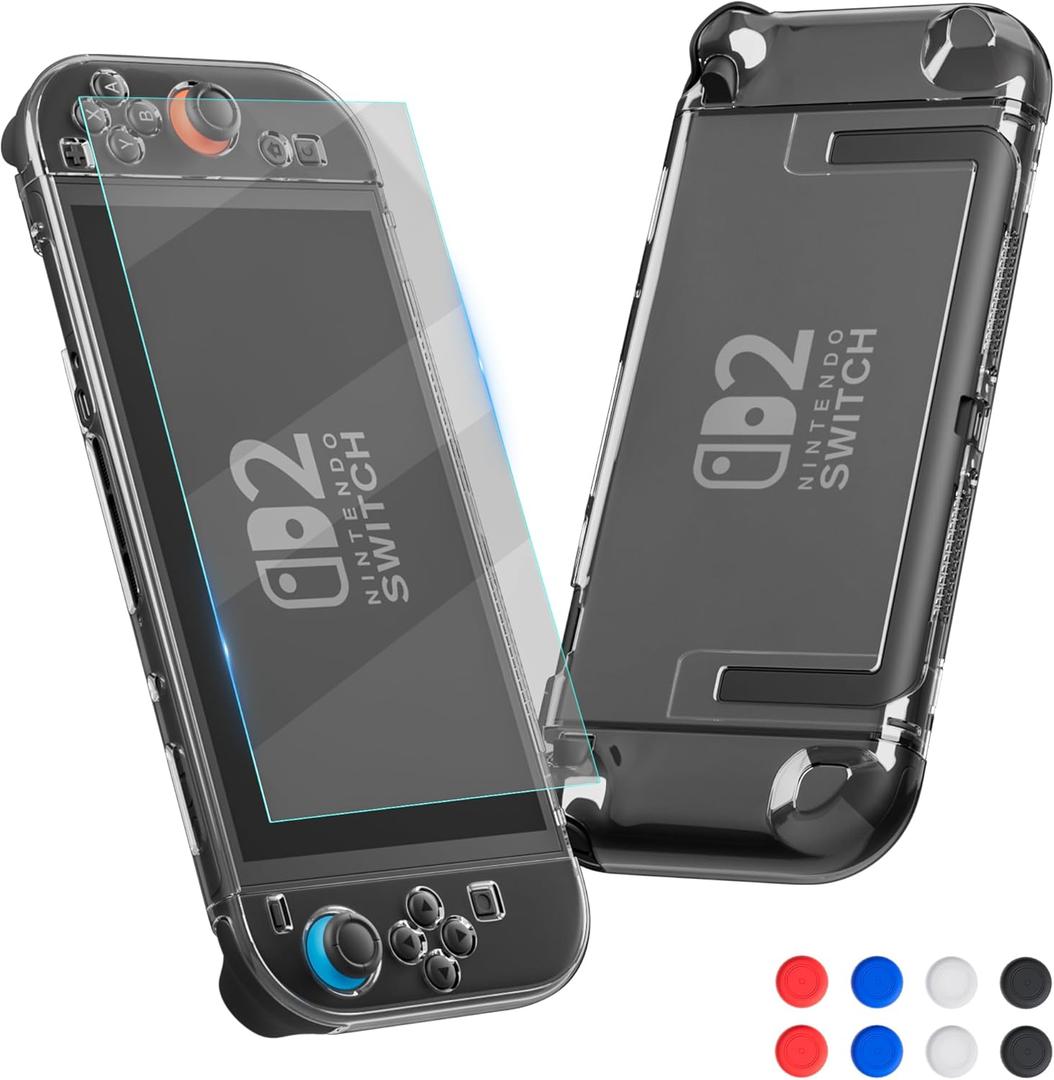 FUNDIARY Clear Skins for Nintendo Switch 2 Shell PC Hard Case Protector Switch 2 Transparent Protective Cover Accessories with Screen Protector and 8 Thumb Caps - Not Easy to Fall Off