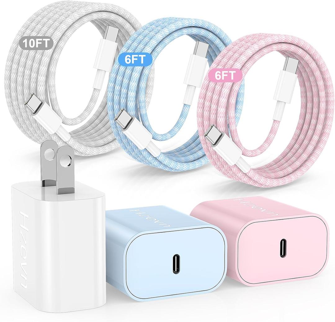 Hzevn 20W USB C Fast Charging for iPhone 17 Air/16/15 Pro Max,3Pack Colorful Mixed Charger Block with Braided Long USB C to C Cables (6/6/10ft) Compatible with iPhone16/15 Pro/15 Plus/iPad Pro (White+Pink+Blue)