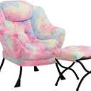 HollyHOME Lazy Chair with Foldable Ottoman, Accent Comfy Lounge Armchair and Folding Footrest Stool, Leisure Sofa Reading Chair and Footstool for Living Room, Bedroom, Dorm,Faux Fur Rainbow