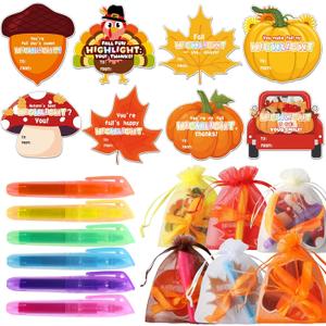 OBUSATT 96 PCS Thanksgiving Fall Highlighters Fall Party Favor Gifts Bulk 24 Set Pumpkins Maple Leaves Turkeys Cards Colorful Highlighters with Gift Bags and Ribbons for Office Party Supplies