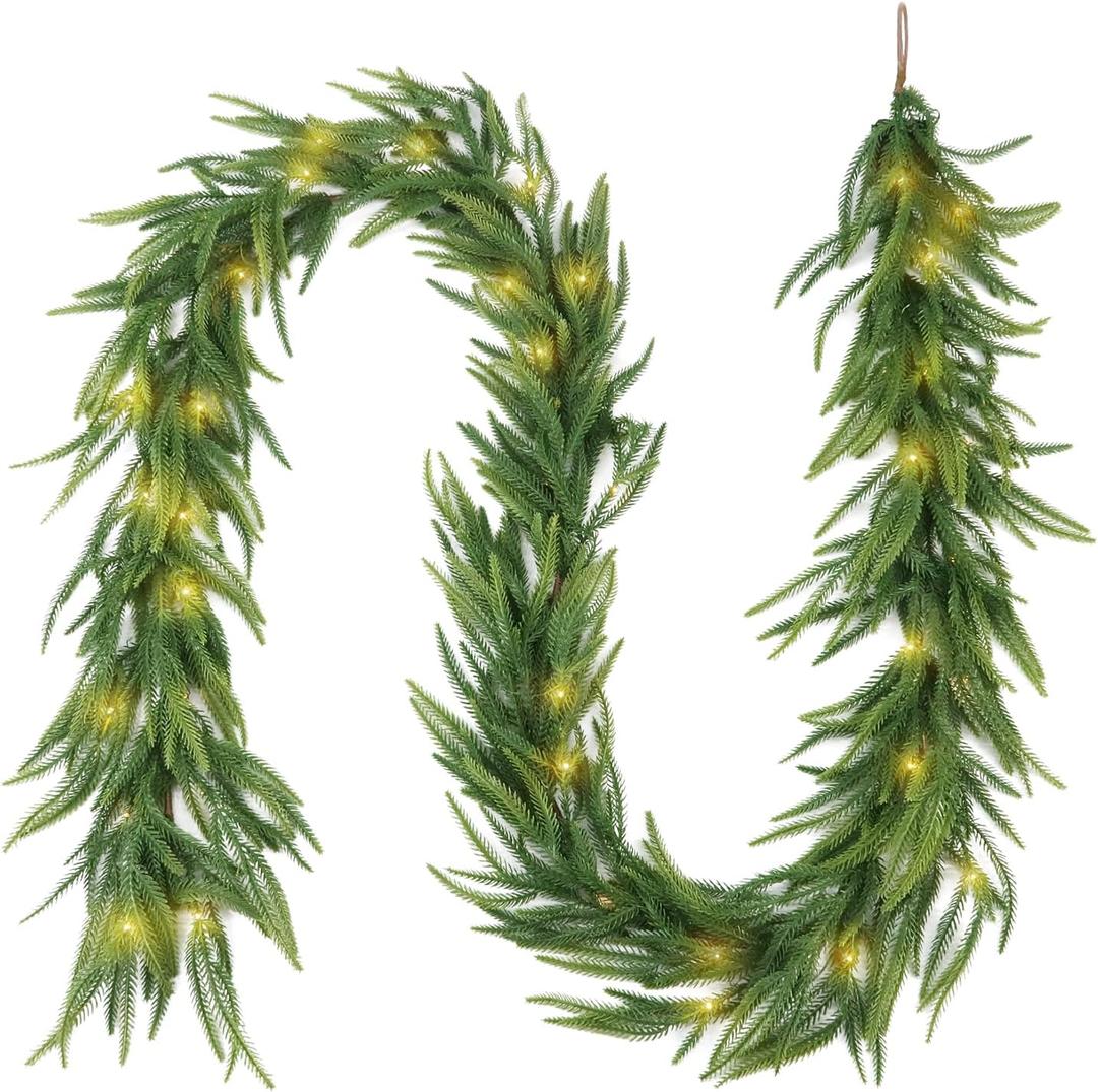 Pre-lit 9ft Christmas Garland with Lights, Real Touch Norfolk Pine Garland for Decoration Christmas, Mantle,Outdoor,Stairs Railing,Wall,Table,IndoorBattery Operated
